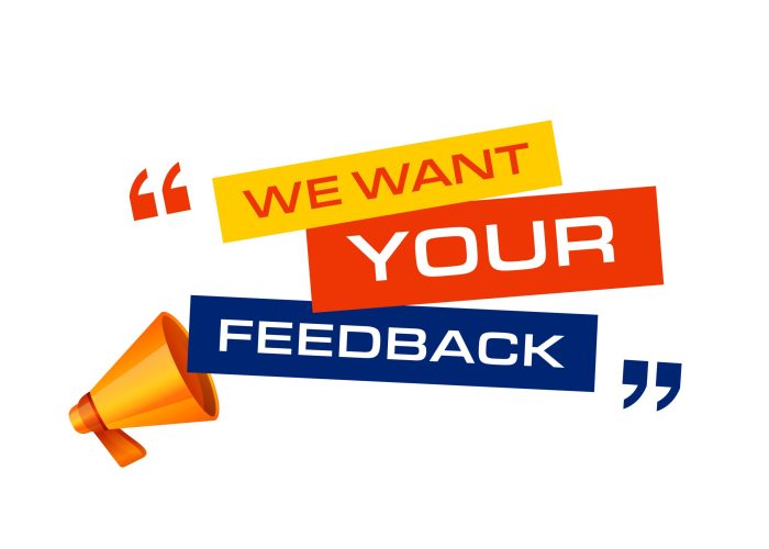 3d megaphone with we want your feedback message